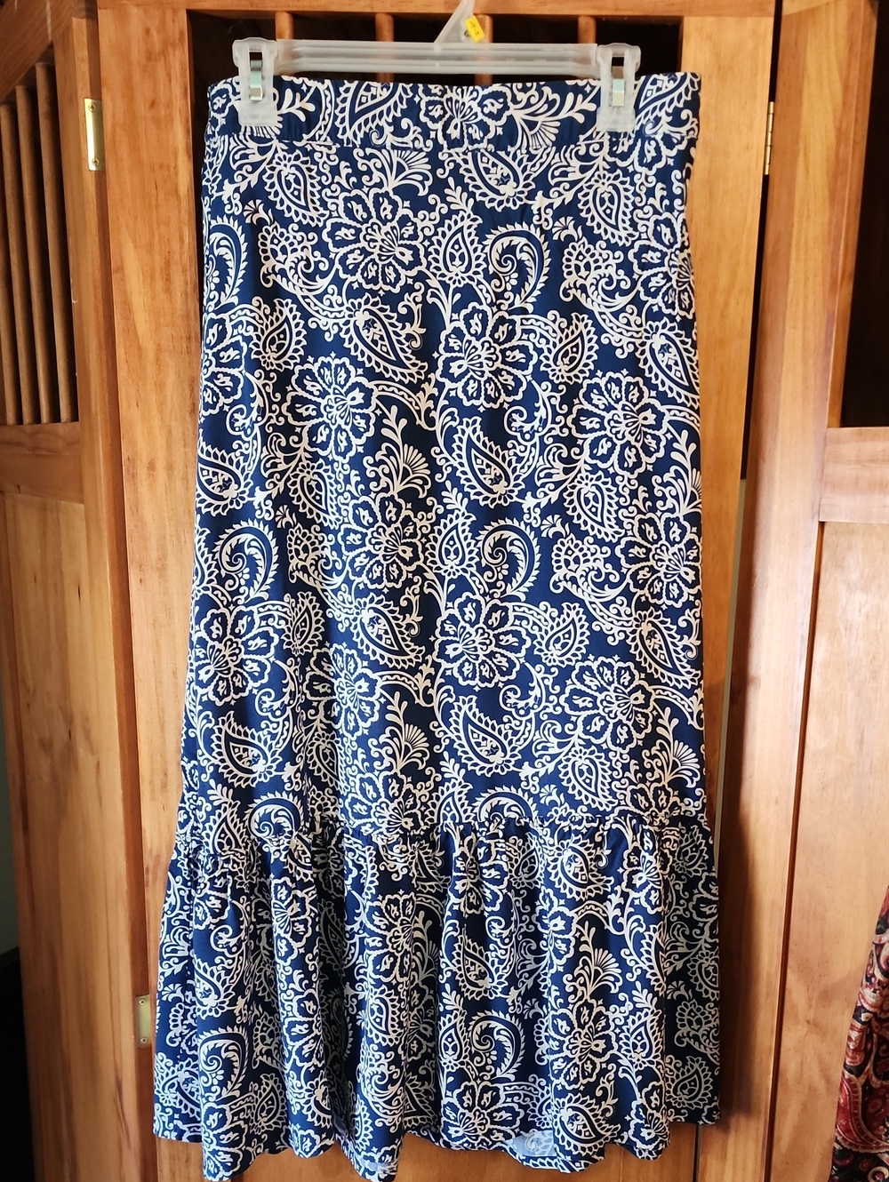 Navy Paisley Maxi Skirt with Ruffle Hem